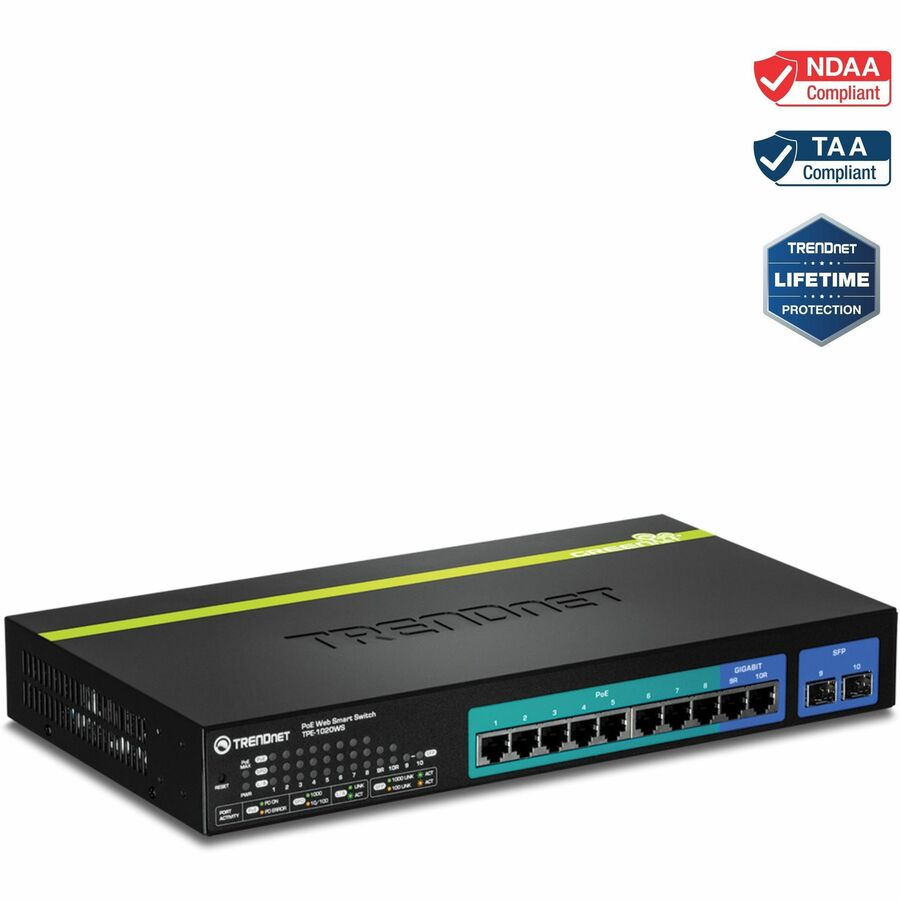 TRENDnet 10-Port Gigabit Web Smart PoE+ Switch, 8 x PoE+ Gigabit Ports, 2 x Gigabit Ethernet Ports, 2 x Shared SFP Slots, 75W Total Power Budget, Rack Mountable, Lifetime Protection, Black, TPE-1020WS TPE-1020WS