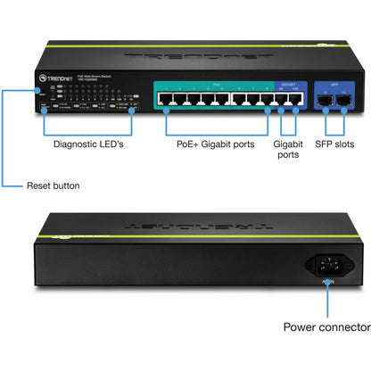 TRENDnet 10-Port Gigabit Web Smart PoE+ Switch, 8 x PoE+ Gigabit Ports, 2 x Gigabit Ethernet Ports, 2 x Shared SFP Slots, 75W Total Power Budget, Rack Mountable, Lifetime Protection, Black, TPE-1020WS TPE-1020WS