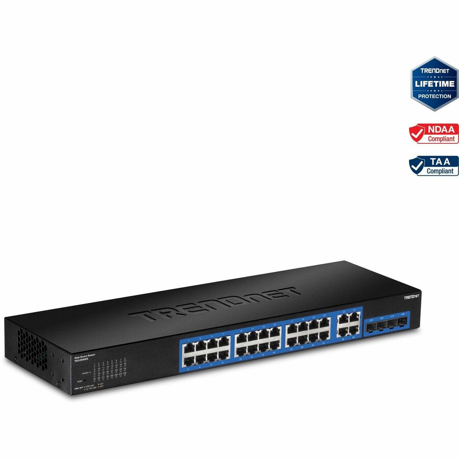TRENDnet Switch Web intelligent Gigabit à 28 ports ; 24 ports Gigabit ; 4 ports Gigabit partagés (RJ-45/SFP) ; VLAN ; QoS ; LACP ; IPv6 ; capacité de commutation de 56 Gbit/s ; protection à vie ; TEG-284WS TEG-284WS