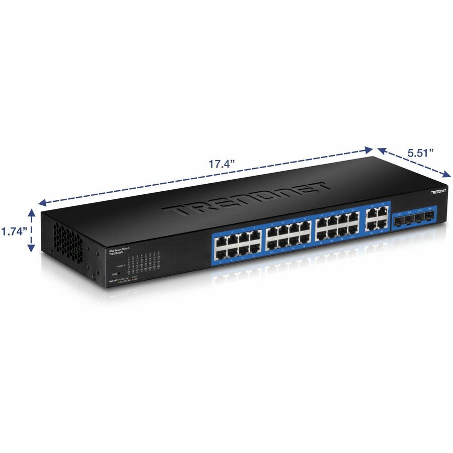 TRENDnet Switch Web intelligent Gigabit à 28 ports ; 24 ports Gigabit ; 4 ports Gigabit partagés (RJ-45/SFP) ; VLAN ; QoS ; LACP ; IPv6 ; capacité de commutation de 56 Gbit/s ; protection à vie ; TEG-284WS TEG-284WS