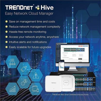 TRENDnet Switch Web intelligent Gigabit à 28 ports ; 24 ports Gigabit ; 4 ports Gigabit partagés (RJ-45/SFP) ; VLAN ; QoS ; LACP ; IPv6 ; capacité de commutation de 56 Gbit/s ; protection à vie ; TEG-284WS TEG-284WS