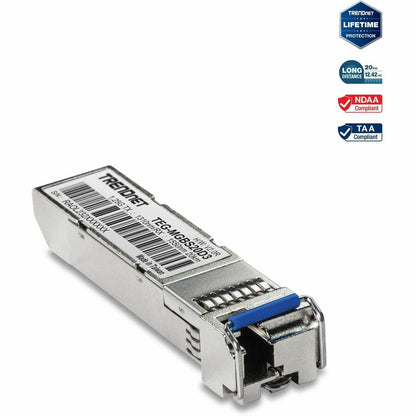 Module LC monomode double longueur d'onde SFP vers RJ45 TRENDnet ; TEG-MGBS20D3 ; Doit être couplé avec TEG-MGBS20D5 ou un module compatible ; Jusqu'à 20 km (12,4 miles) ; SFP bidirectionnel (WDM) ; Protection à vie TEG-MGBS20D3