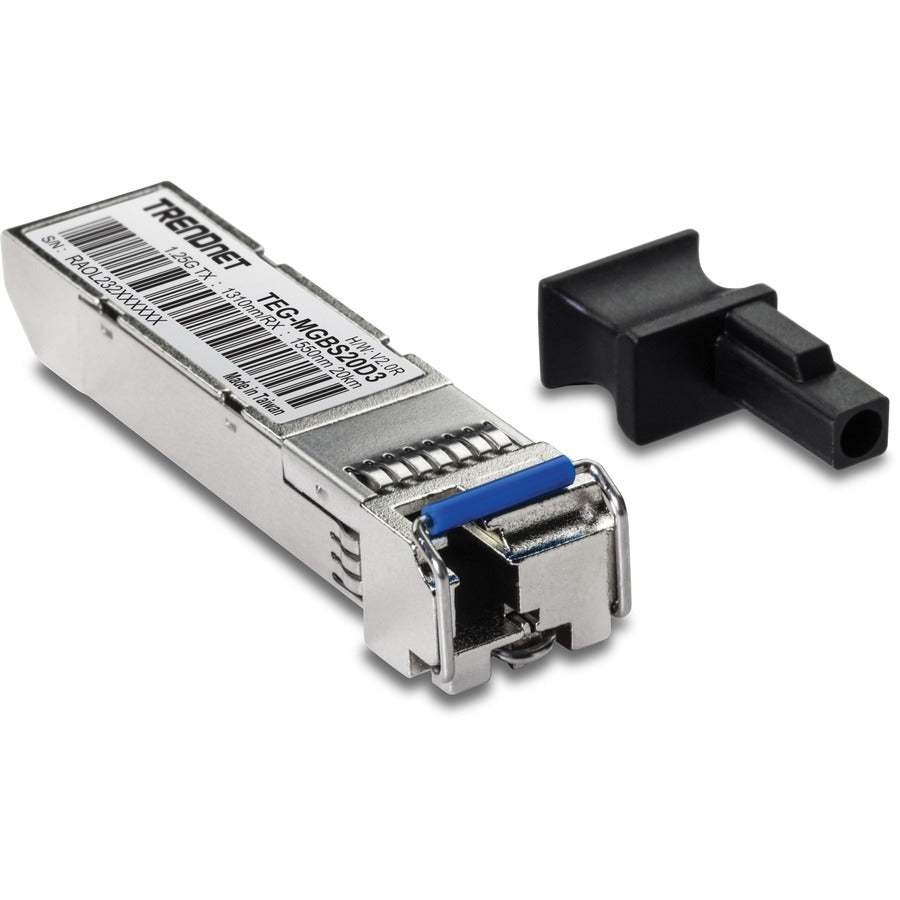 Module LC monomode double longueur d'onde SFP vers RJ45 TRENDnet ; TEG-MGBS20D3 ; Doit être couplé avec TEG-MGBS20D5 ou un module compatible ; Jusqu'à 20 km (12,4 miles) ; SFP bidirectionnel (WDM) ; Protection à vie TEG-MGBS20D3