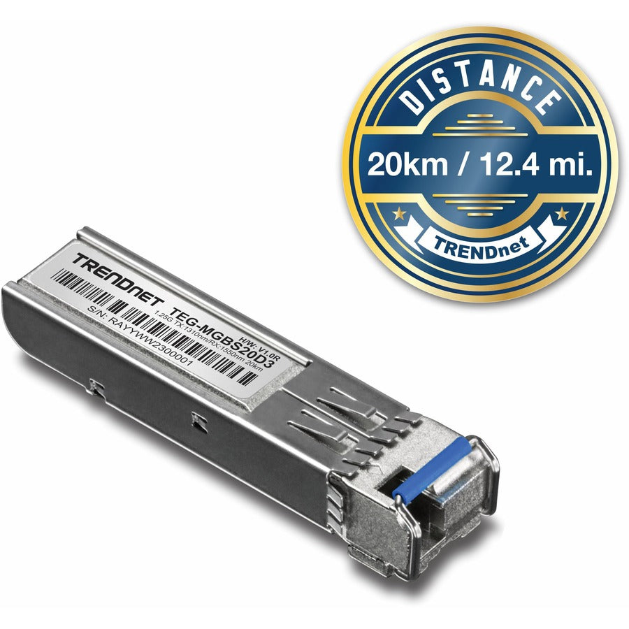 Module LC monomode double longueur d'onde SFP vers RJ45 TRENDnet ; TEG-MGBS20D3 ; Doit être couplé avec TEG-MGBS20D5 ou un module compatible ; Jusqu'à 20 km (12,4 miles) ; SFP bidirectionnel (WDM) ; Protection à vie TEG-MGBS20D3
