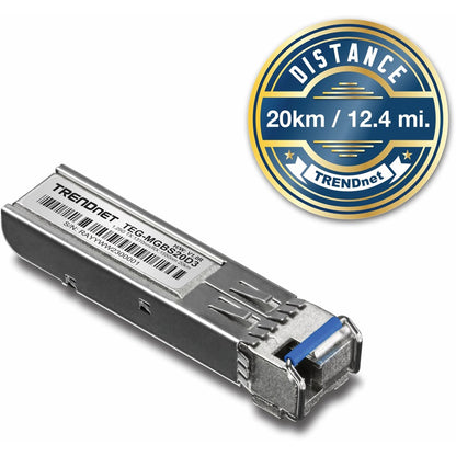 Module LC monomode double longueur d'onde SFP vers RJ45 TRENDnet ; TEG-MGBS20D3 ; Doit être couplé avec TEG-MGBS20D5 ou un module compatible ; Jusqu'à 20 km (12,4 miles) ; SFP bidirectionnel (WDM) ; Protection à vie TEG-MGBS20D3