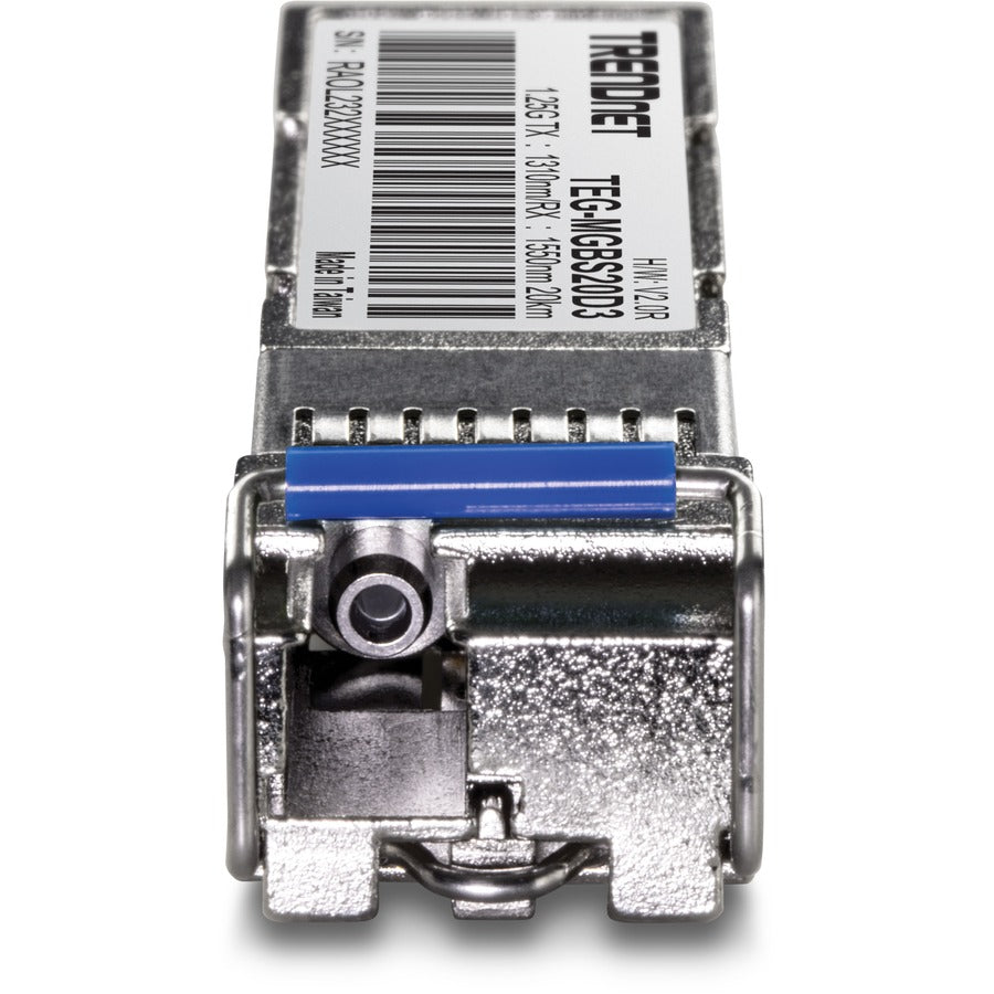 Module LC monomode double longueur d'onde SFP vers RJ45 TRENDnet ; TEG-MGBS20D3 ; Doit être couplé avec TEG-MGBS20D5 ou un module compatible ; Jusqu'à 20 km (12,4 miles) ; SFP bidirectionnel (WDM) ; Protection à vie TEG-MGBS20D3