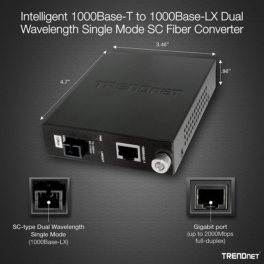 Convertisseur de média fibre optique monomode 1000Base-T vers 1000Base-LX intelligent TRENDnet (10 km/6,2 miles) Convertisseur fibre vers Ethernet ; Port fibre ; RJ-45 ; Protection à vie ; TFC-1000S10D3 TFC-1000S10D3