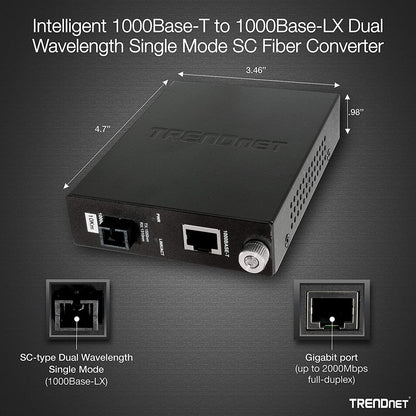 Convertisseur de média fibre optique monomode 1000Base-T vers 1000Base-LX intelligent TRENDnet (10 km/6,2 miles) Convertisseur fibre vers Ethernet ; Port fibre ; RJ-45 ; Protection à vie ; TFC-1000S10D3 TFC-1000S10D3