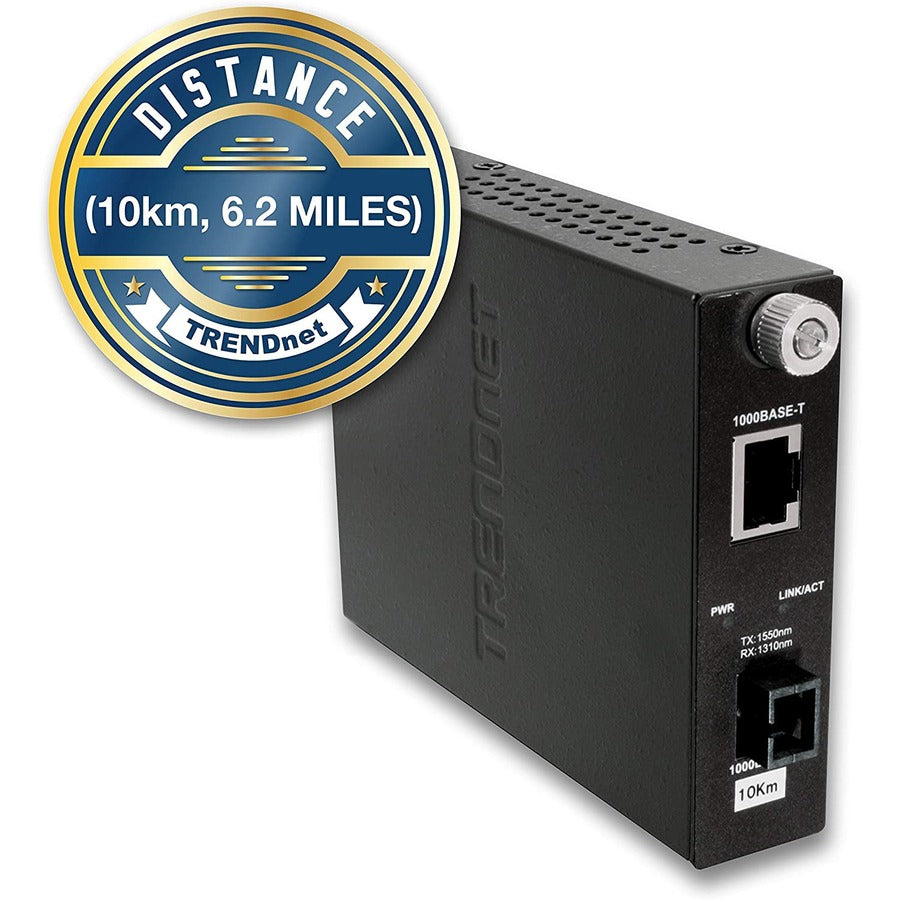 Convertisseur de média fibre optique monomode 1000Base-T vers 1000Base-LX intelligent TRENDnet (10 km/6,2 miles) Convertisseur fibre vers Ethernet ; Port fibre ; RJ-45 ; Protection à vie ; TFC-1000S10D3 TFC-1000S10D3