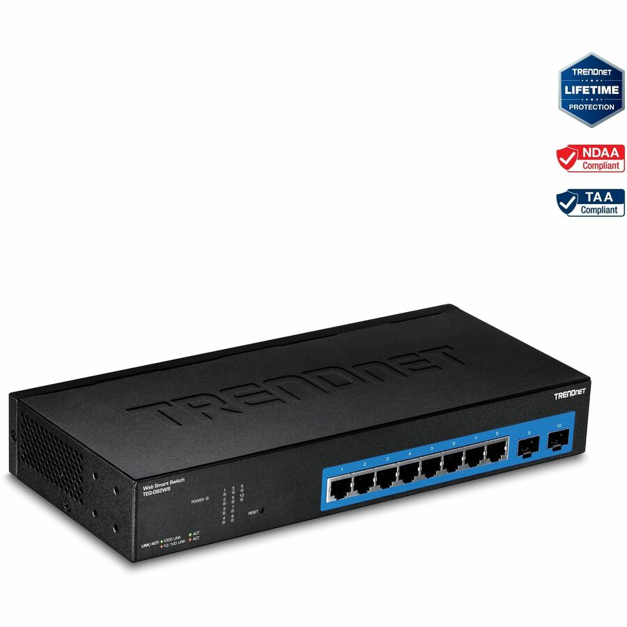 TRENDnet Switch Web Smart Gigabit 10 ports ; capacité de commutation 20 Gbps ; 8 ports RJ-45 ; 2 x SFP ; emplacements ; VLAN ; QoS ; LACP ; prise en charge IPv6 ; sans ventilateur ; montable en rack ; protection à vie ; TEG-082WS TEG-082WS