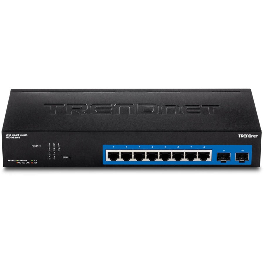 TRENDnet Switch Web Smart Gigabit 10 ports ; capacité de commutation 20 Gbps ; 8 ports RJ-45 ; 2 x SFP ; emplacements ; VLAN ; QoS ; LACP ; prise en charge IPv6 ; sans ventilateur ; montable en rack ; protection à vie ; TEG-082WS TEG-082WS