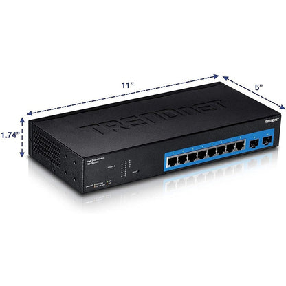 TRENDnet Switch Web Smart Gigabit 10 ports ; capacité de commutation 20 Gbps ; 8 ports RJ-45 ; 2 x SFP ; emplacements ; VLAN ; QoS ; LACP ; prise en charge IPv6 ; sans ventilateur ; montable en rack ; protection à vie ; TEG-082WS TEG-082WS