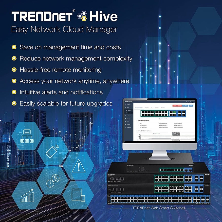 TRENDnet Switch Web Smart Gigabit 10 ports ; capacité de commutation 20 Gbps ; 8 ports RJ-45 ; 2 x SFP ; emplacements ; VLAN ; QoS ; LACP ; prise en charge IPv6 ; sans ventilateur ; montable en rack ; protection à vie ; TEG-082WS TEG-082WS