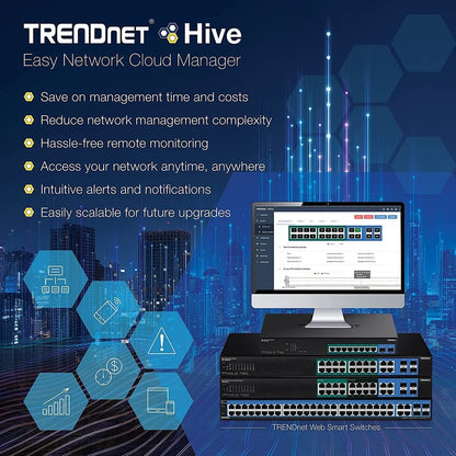 TRENDnet Switch Web Smart Gigabit 10 ports ; capacité de commutation 20 Gbps ; 8 ports RJ-45 ; 2 x SFP ; emplacements ; VLAN ; QoS ; LACP ; prise en charge IPv6 ; sans ventilateur ; montable en rack ; protection à vie ; TEG-082WS TEG-082WS
