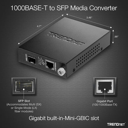 Convertisseur de média fibre optique TRENDnet 100/1000Base-T vers SFP, convertisseur fibre vers Ethernet, 1 port RJ-45 10/100/1000Base-T, 1 emplacement Mini-GBIC, protection à vie, noir, TFC-1000MGA TFC-1000MGA