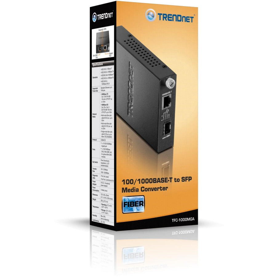 Convertisseur de média fibre optique TRENDnet 100/1000Base-T vers SFP, convertisseur fibre vers Ethernet, 1 port RJ-45 10/100/1000Base-T, 1 emplacement Mini-GBIC, protection à vie, noir, TFC-1000MGA TFC-1000MGA
