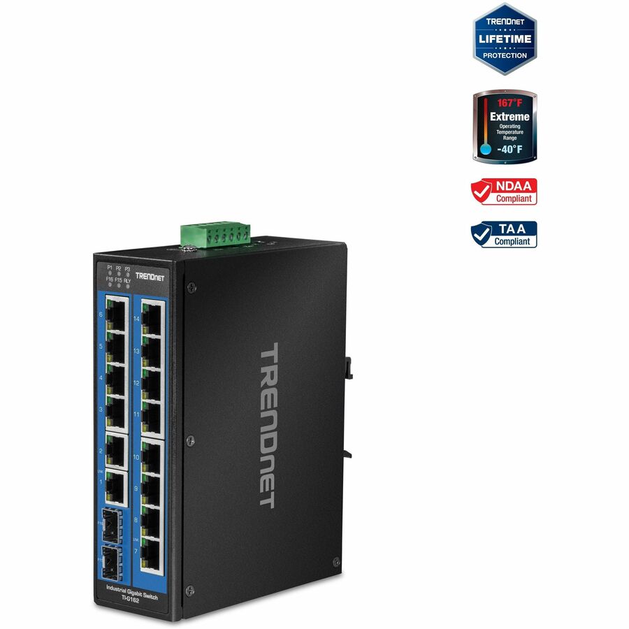 Commutateur DIN-Rail Gigabit industriel renforcé non géré à 16 ports TRENDnet ; TI-G162 ; 14 ports Gigabit ; 2 emplacements SFP Gigabit ; capacité de commutation de 32 Gbit/s ; commutateur réseau Ethernet IP30 ; protection à vie TI-G162