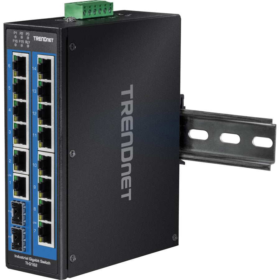Commutateur DIN-Rail Gigabit industriel renforcé non géré à 16 ports TRENDnet ; TI-G162 ; 14 ports Gigabit ; 2 emplacements SFP Gigabit ; capacité de commutation de 32 Gbit/s ; commutateur réseau Ethernet IP30 ; protection à vie TI-G162