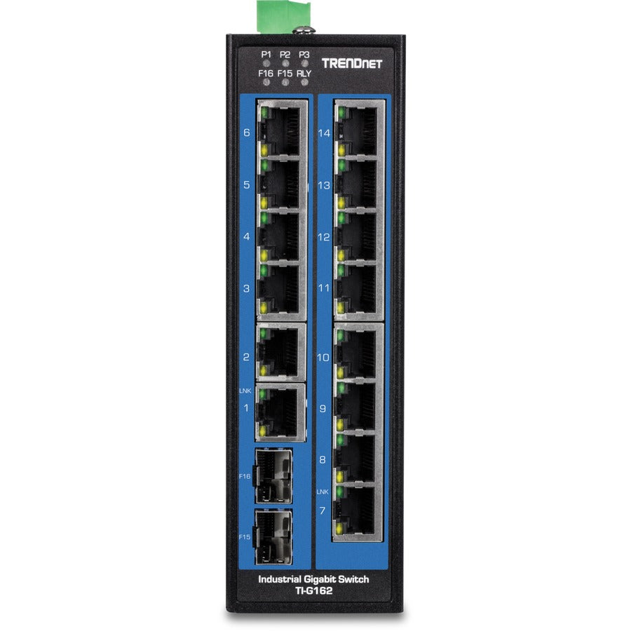 Commutateur DIN-Rail Gigabit industriel renforcé non géré à 16 ports TRENDnet ; TI-G162 ; 14 ports Gigabit ; 2 emplacements SFP Gigabit ; capacité de commutation de 32 Gbit/s ; commutateur réseau Ethernet IP30 ; protection à vie TI-G162