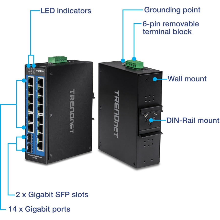 Commutateur DIN-Rail Gigabit industriel renforcé non géré à 16 ports TRENDnet ; TI-G162 ; 14 ports Gigabit ; 2 emplacements SFP Gigabit ; capacité de commutation de 32 Gbit/s ; commutateur réseau Ethernet IP30 ; protection à vie TI-G162