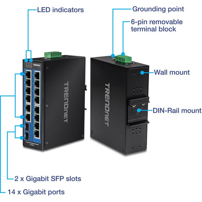 Commutateur DIN-Rail Gigabit industriel renforcé non géré à 16 ports TRENDnet ; TI-G162 ; 14 ports Gigabit ; 2 emplacements SFP Gigabit ; capacité de commutation de 32 Gbit/s ; commutateur réseau Ethernet IP30 ; protection à vie TI-G162