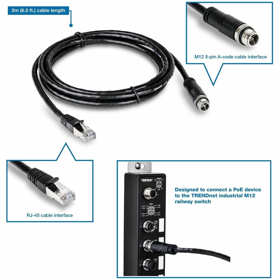 Câble Ethernet industriel TRENDnet M12 vers RJ-45, 2 m (6,5 pi) TI-CD02