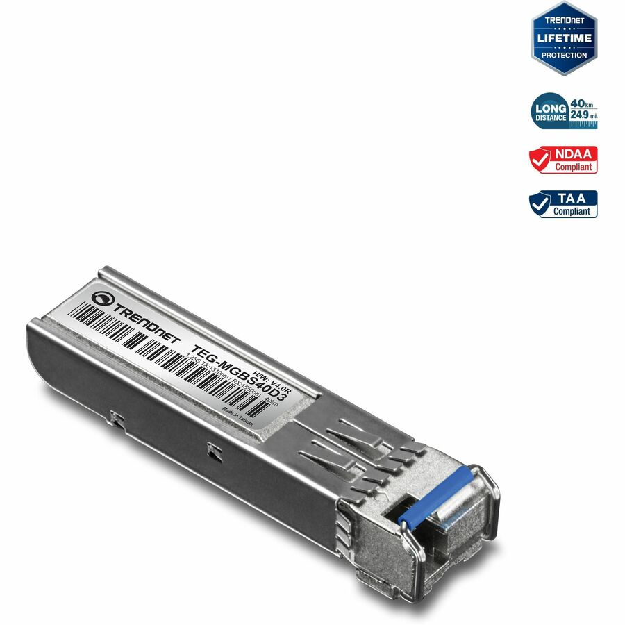 Module LC monomode double longueur d'onde SFP vers RJ45 TRENDnet ; TEG-MGBS40D3 ; Doit être associé au TEG-MGBS40D5 ou à un module compatible ; Jusqu'à 40 km (24,9 miles) ; Compatible avec les emplacements SFP standard ; Protection à vie TEG-MGBS40D3