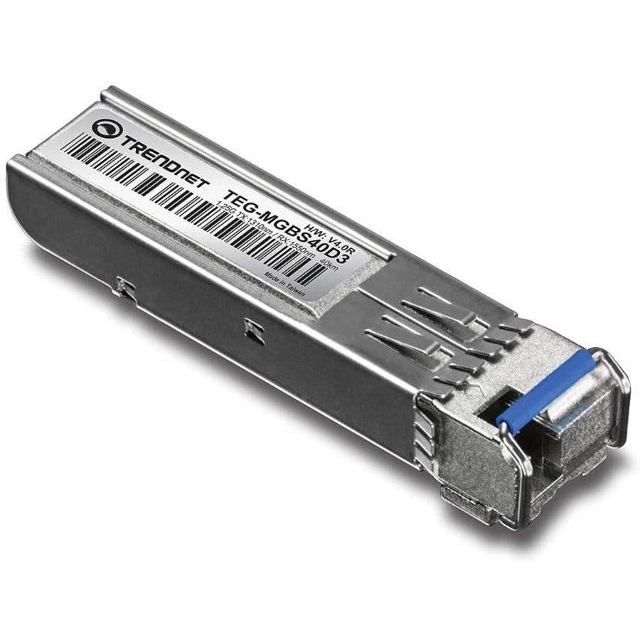 Module LC monomode double longueur d'onde SFP vers RJ45 TRENDnet ; TEG-MGBS40D3 ; Doit être associé au TEG-MGBS40D5 ou à un module compatible ; Jusqu'à 40 km (24,9 miles) ; Compatible avec les emplacements SFP standard ; Protection à vie TEG-MGBS40D3