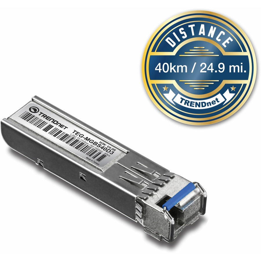 Module LC monomode double longueur d'onde SFP vers RJ45 TRENDnet ; TEG-MGBS40D3 ; Doit être associé au TEG-MGBS40D5 ou à un module compatible ; Jusqu'à 40 km (24,9 miles) ; Compatible avec les emplacements SFP standard ; Protection à vie TEG-MGBS40D3