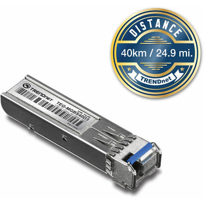 Module LC monomode double longueur d'onde SFP vers RJ45 TRENDnet ; TEG-MGBS40D3 ; Doit être associé au TEG-MGBS40D5 ou à un module compatible ; Jusqu'à 40 km (24,9 miles) ; Compatible avec les emplacements SFP standard ; Protection à vie TEG-MGBS40D3