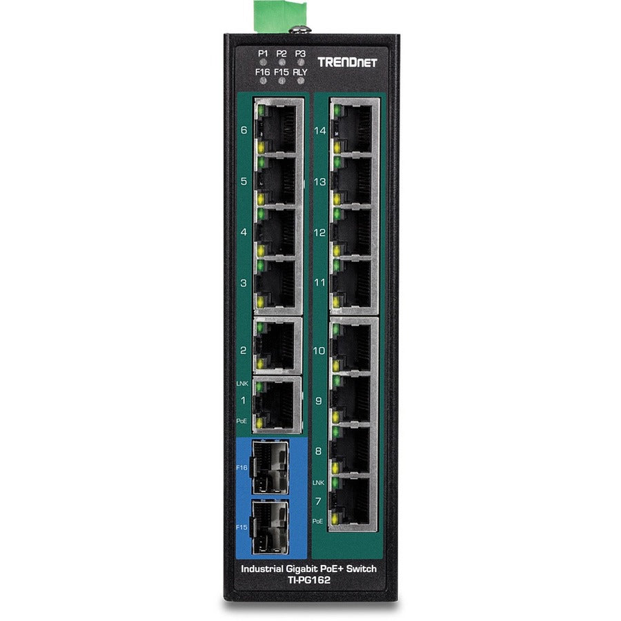Commutateur réseau Ethernet Gigabit PoE+ non géré industriel renforcé à 16 ports TRENDnet ; TI-PG162 ; 14 ports Gigabit ; 2 emplacements SFP Gigabit ; 32 Gbit/s ; commutateur réseau Ethernet Gigabit IP30 ; protection à vie TI-PG162
