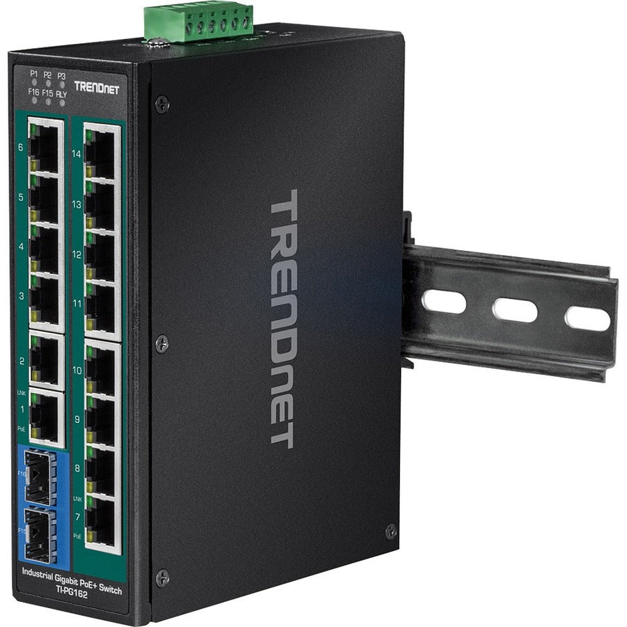 Commutateur réseau Ethernet Gigabit PoE+ non géré industriel renforcé à 16 ports TRENDnet ; TI-PG162 ; 14 ports Gigabit ; 2 emplacements SFP Gigabit ; 32 Gbit/s ; commutateur réseau Ethernet Gigabit IP30 ; protection à vie TI-PG162