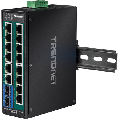 Commutateur réseau Ethernet Gigabit PoE+ non géré industriel renforcé à 16 ports TRENDnet ; TI-PG162 ; 14 ports Gigabit ; 2 emplacements SFP Gigabit ; 32 Gbit/s ; commutateur réseau Ethernet Gigabit IP30 ; protection à vie TI-PG162