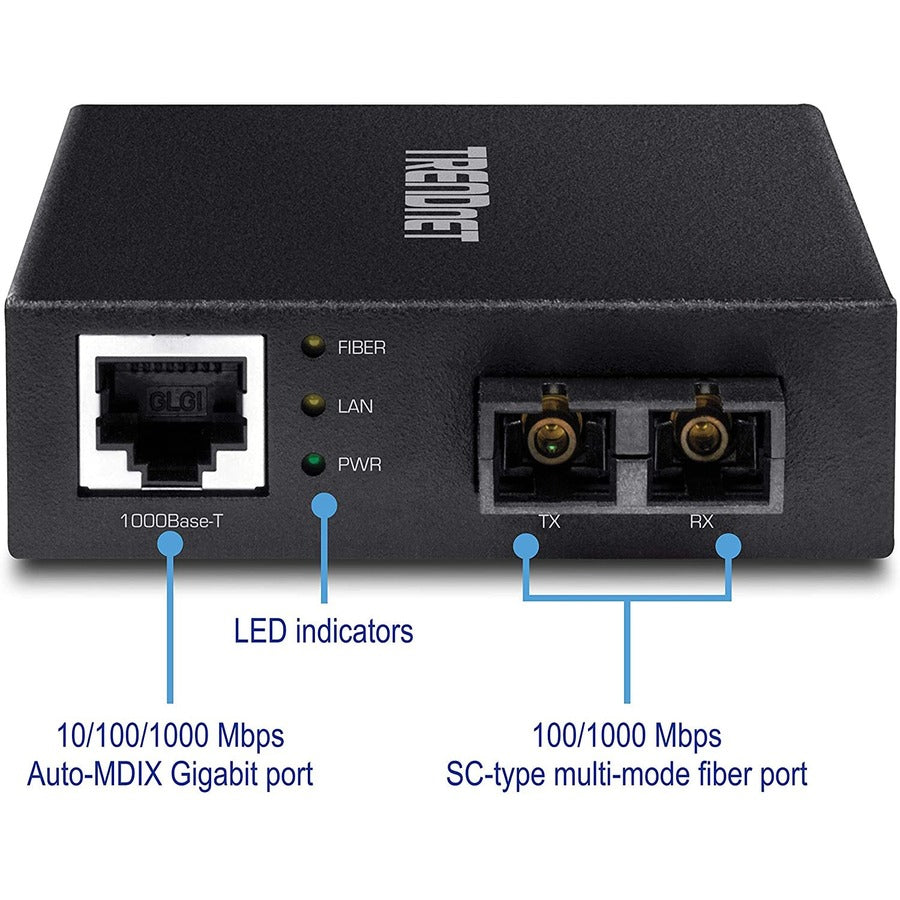 Convertisseur fibre optique multimode 1000Base-T vers 1000Base-SX de TRENDnet ; jusqu'à 550 m (1 800 pi) ; capacité de commutation de 2 Gbit/s ; TFC-GMSC TFC-GMSC