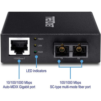 Convertisseur fibre optique multimode 1000Base-T vers 1000Base-SX de TRENDnet ; jusqu'à 550 m (1 800 pi) ; capacité de commutation de 2 Gbit/s ; TFC-GMSC TFC-GMSC