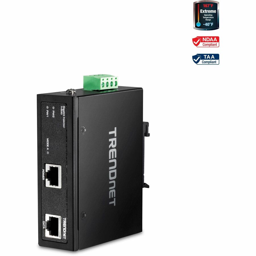Injecteur PoE+ Gigabit industriel renforcé TRENDnet, rail DIN, montage mural, boîtier IP30, supports rail DIN et muraux inclus, TI-IG30 TI-IG30