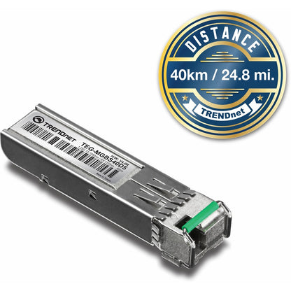 Module LC monomode double longueur d'onde SFP vers RJ45 TRENDnet ; TEG-MGBS40D5 ; Doit être associé au TEG-MGBS40D3 ou à un module compatible ; Jusqu'à 40 km (24,9 miles) ; Compatible avec les emplacements SFP standard ; Protection à vie TEG-MGBS40D5