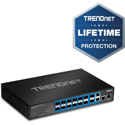Commutateur SFP Gigabit Layer 2 géré à 14 ports TRENDnet ; TL2-FG142 ; 2 ports Gigabit RJ-45 partagés ; 12 emplacements SFP 100/1000 Mbps ; capacité de commutation 28 Gbps ; VLAN ; QoS ; LACP ; prise en charge IPv6 ; protection à vie TL2-FG142