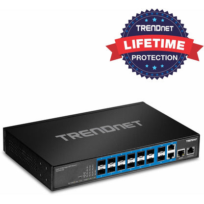 Commutateur SFP Gigabit Layer 2 géré à 14 ports TRENDnet ; TL2-FG142 ; 2 ports Gigabit RJ-45 partagés ; 12 emplacements SFP 100/1000 Mbps ; capacité de commutation 28 Gbps ; VLAN ; QoS ; LACP ; prise en charge IPv6 ; protection à vie TL2-FG142