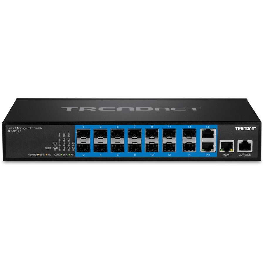 Commutateur SFP Gigabit Layer 2 géré à 14 ports TRENDnet ; TL2-FG142 ; 2 ports Gigabit RJ-45 partagés ; 12 emplacements SFP 100/1000 Mbps ; capacité de commutation 28 Gbps ; VLAN ; QoS ; LACP ; prise en charge IPv6 ; protection à vie TL2-FG142