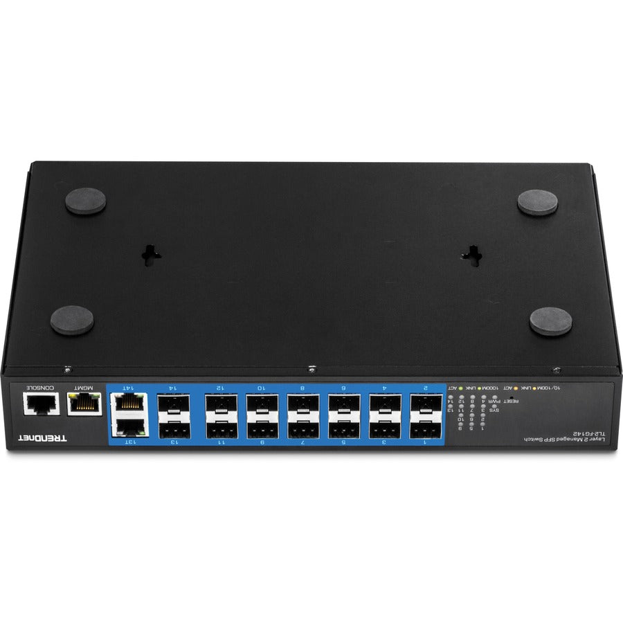 Commutateur SFP Gigabit Layer 2 géré à 14 ports TRENDnet ; TL2-FG142 ; 2 ports Gigabit RJ-45 partagés ; 12 emplacements SFP 100/1000 Mbps ; capacité de commutation 28 Gbps ; VLAN ; QoS ; LACP ; prise en charge IPv6 ; protection à vie TL2-FG142