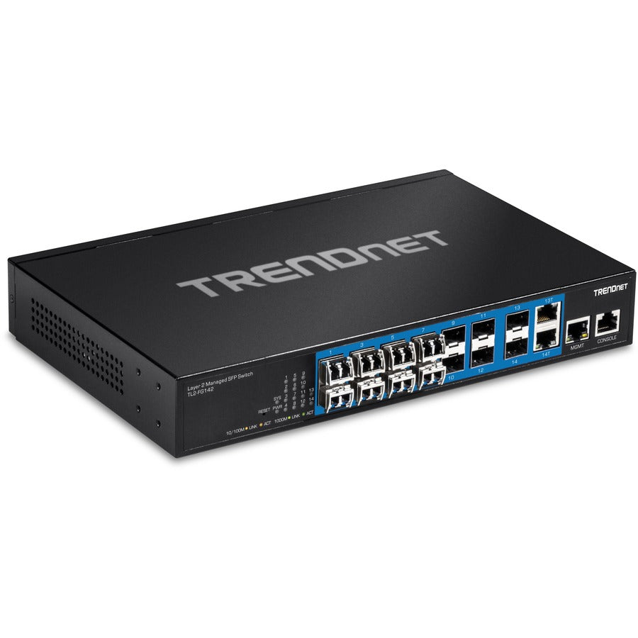 Commutateur SFP Gigabit Layer 2 géré à 14 ports TRENDnet ; TL2-FG142 ; 2 ports Gigabit RJ-45 partagés ; 12 emplacements SFP 100/1000 Mbps ; capacité de commutation 28 Gbps ; VLAN ; QoS ; LACP ; prise en charge IPv6 ; protection à vie TL2-FG142