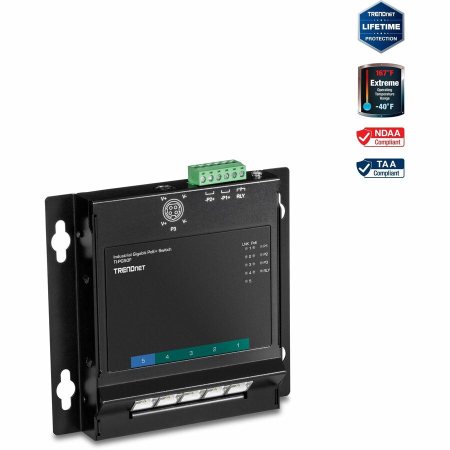 Commutateur d'accès frontal mural industriel Gigabit Poe+ à 5 ports TRENDnet ; 5 ports Gigabit Poe+ ; montage sur rail DIN ; entrée d'alimentation CC 48 ?57 V ; IP30 ; budget Poe 120 W ; protection à vie ; TI-PG50F TI-PG50F