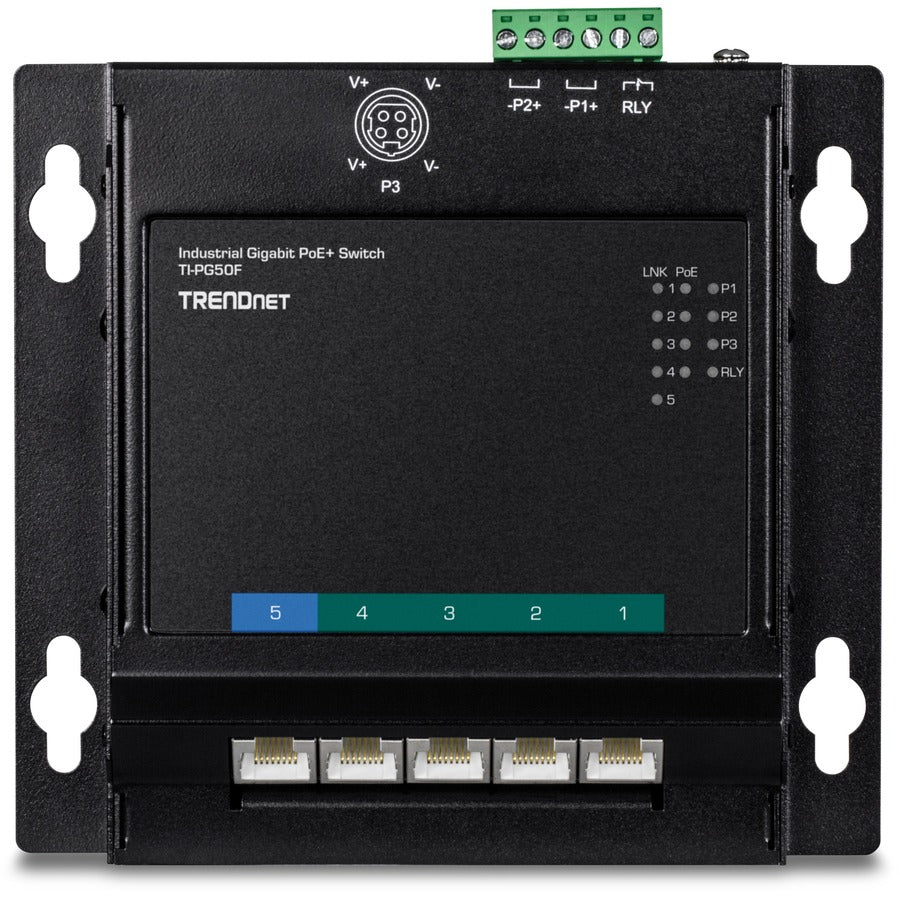 Commutateur d'accès frontal mural industriel Gigabit Poe+ à 5 ports TRENDnet ; 5 ports Gigabit Poe+ ; montage sur rail DIN ; entrée d'alimentation CC 48 ?57 V ; IP30 ; budget Poe 120 W ; protection à vie ; TI-PG50F TI-PG50F