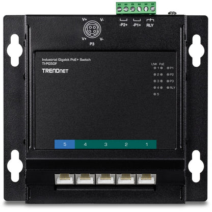 Commutateur d'accès frontal mural industriel Gigabit Poe+ à 5 ports TRENDnet ; 5 ports Gigabit Poe+ ; montage sur rail DIN ; entrée d'alimentation CC 48 ?57 V ; IP30 ; budget Poe 120 W ; protection à vie ; TI-PG50F TI-PG50F
