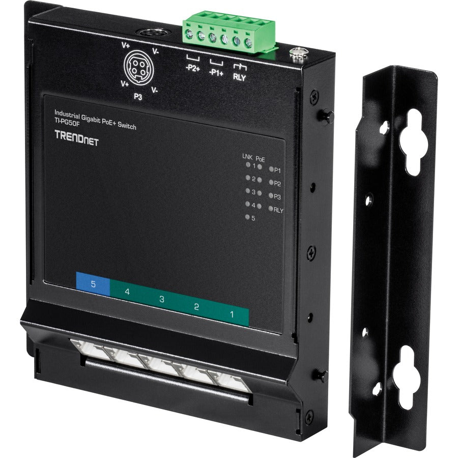 Commutateur d'accès frontal mural industriel Gigabit Poe+ à 5 ports TRENDnet ; 5 ports Gigabit Poe+ ; montage sur rail DIN ; entrée d'alimentation CC 48 ?57 V ; IP30 ; budget Poe 120 W ; protection à vie ; TI-PG50F TI-PG50F