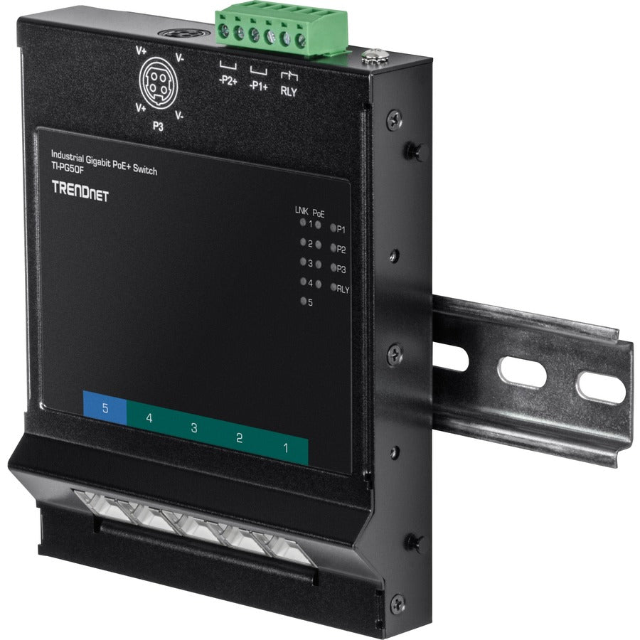 Commutateur d'accès frontal mural industriel Gigabit Poe+ à 5 ports TRENDnet ; 5 ports Gigabit Poe+ ; montage sur rail DIN ; entrée d'alimentation CC 48 ?57 V ; IP30 ; budget Poe 120 W ; protection à vie ; TI-PG50F TI-PG50F