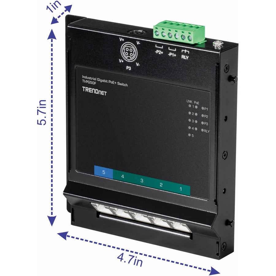 Commutateur d'accès frontal mural industriel Gigabit Poe+ à 5 ports TRENDnet ; 5 ports Gigabit Poe+ ; montage sur rail DIN ; entrée d'alimentation CC 48 ?57 V ; IP30 ; budget Poe 120 W ; protection à vie ; TI-PG50F TI-PG50F
