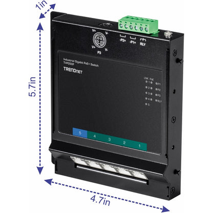 Commutateur d'accès frontal mural industriel Gigabit Poe+ à 5 ports TRENDnet ; 5 ports Gigabit Poe+ ; montage sur rail DIN ; entrée d'alimentation CC 48 ?57 V ; IP30 ; budget Poe 120 W ; protection à vie ; TI-PG50F TI-PG50F