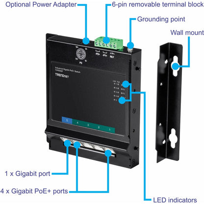 Commutateur d'accès frontal mural industriel Gigabit Poe+ à 5 ports TRENDnet ; 5 ports Gigabit Poe+ ; montage sur rail DIN ; entrée d'alimentation CC 48 ?57 V ; IP30 ; budget Poe 120 W ; protection à vie ; TI-PG50F TI-PG50F